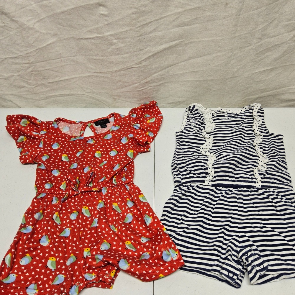 Picapino Carters‎ Romper Lot Baby Girls 24M Red Blue Bird Stripe Flutter Sleeve
